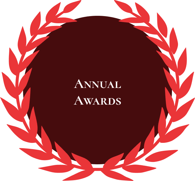 Red laurel wreath, annual awards text