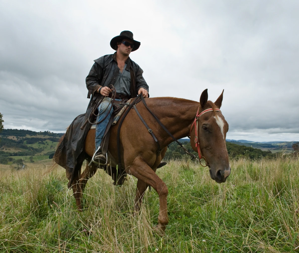 Man on horseback under cloudy sky